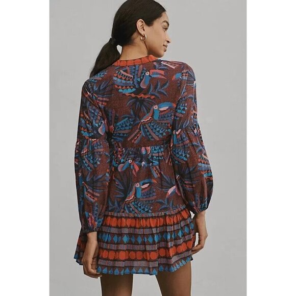 NWT FARM Rio x Anthropologie Toucan Printed Mini in Red Blue V-Neck Dress M $198 - Picture 6 of 6